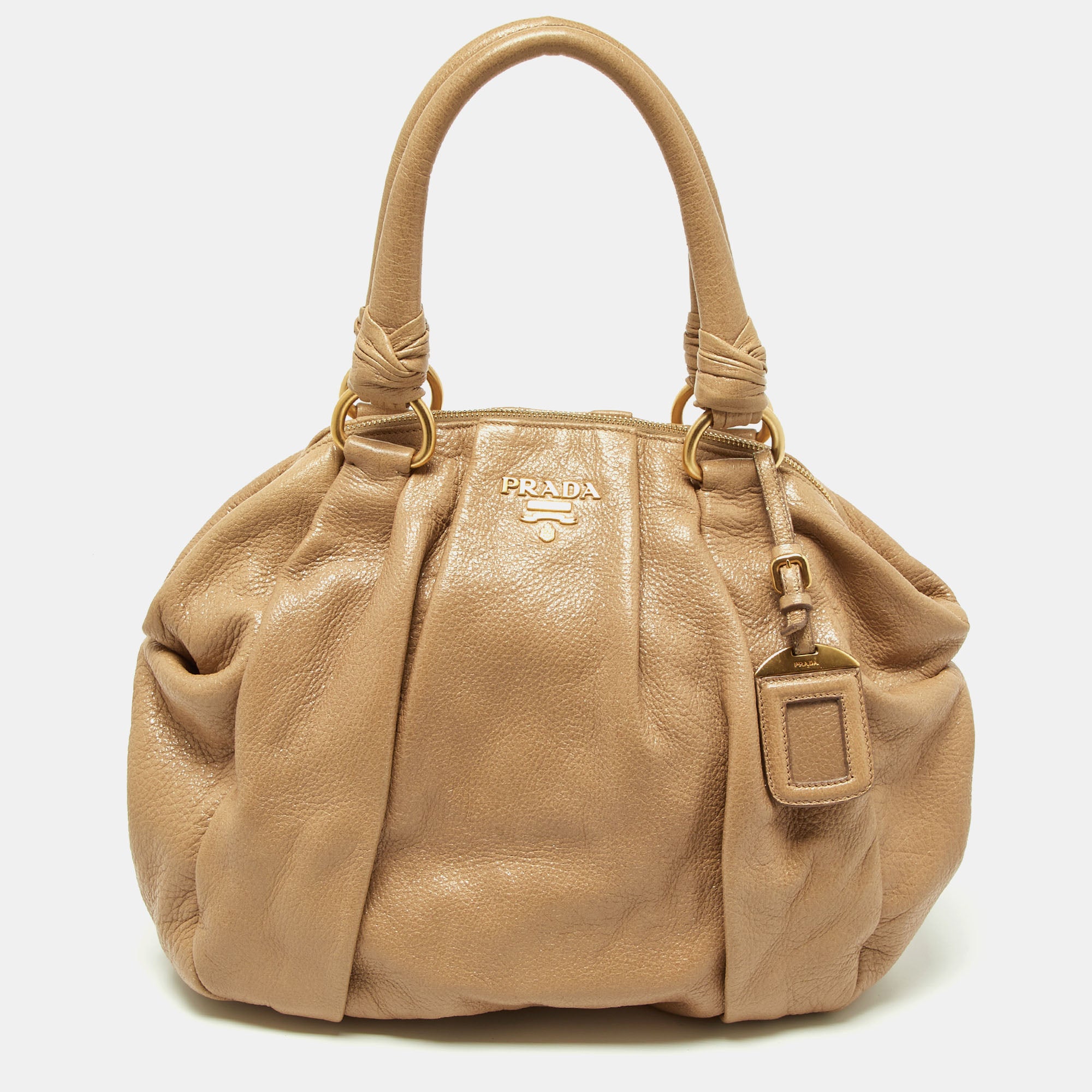 PRADA Beige Shine Leather Zip Hobo