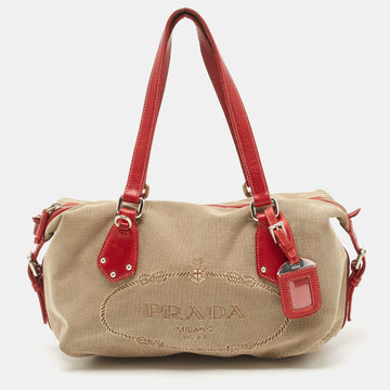 PRADA Beige/Red Logo Jacquard and Leather Bauletto Bag