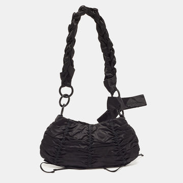 PRADA Black Ruffles Nylon Bow Baguette Bag