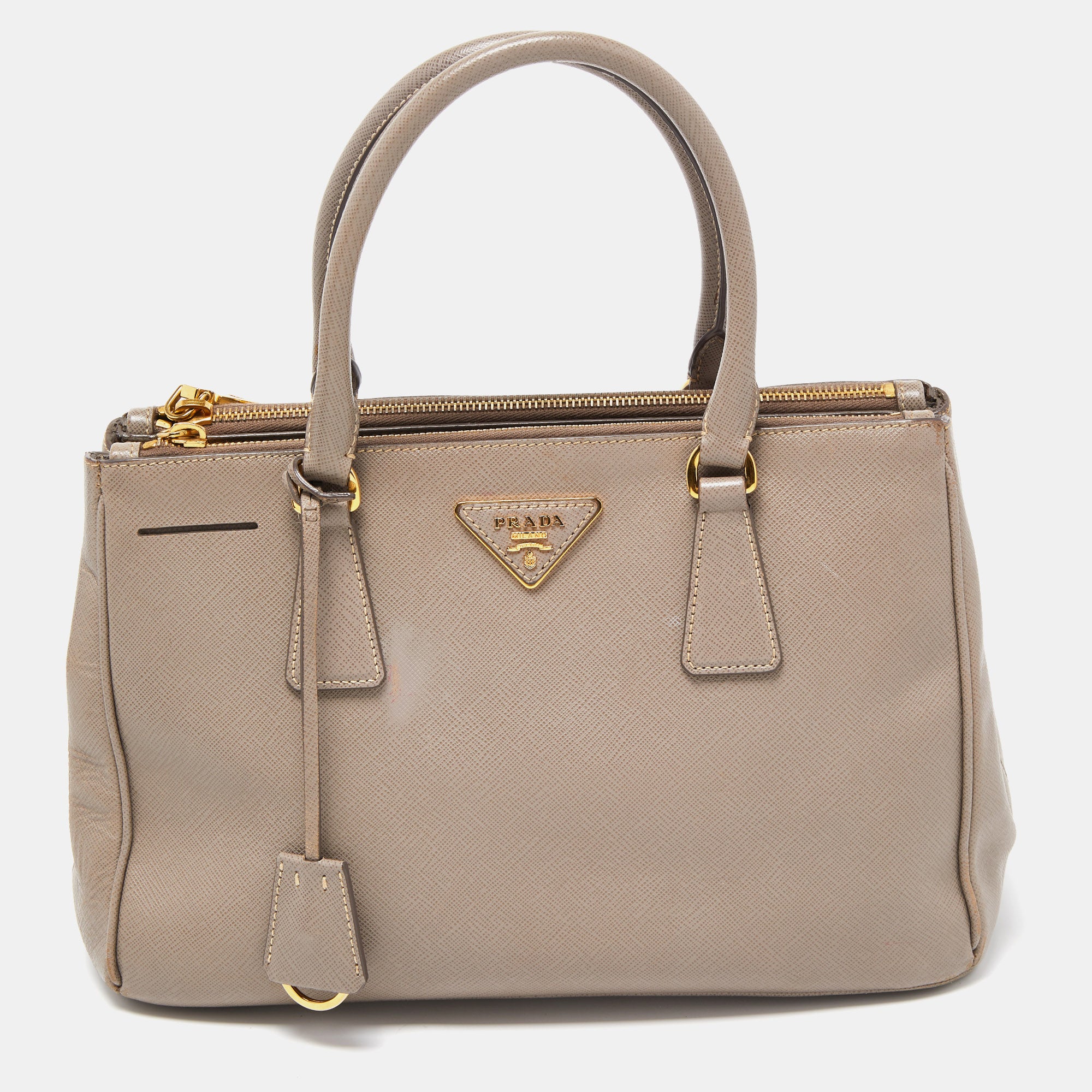 PRADA Grey Saffiano Lux Leather Small Galleria Double Zip Tote