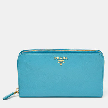 PRADA Turquoise Saffiano Leather Zip Around Wallet