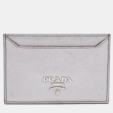 PRADA Metallic Silver Saffiano Leather Card Holder