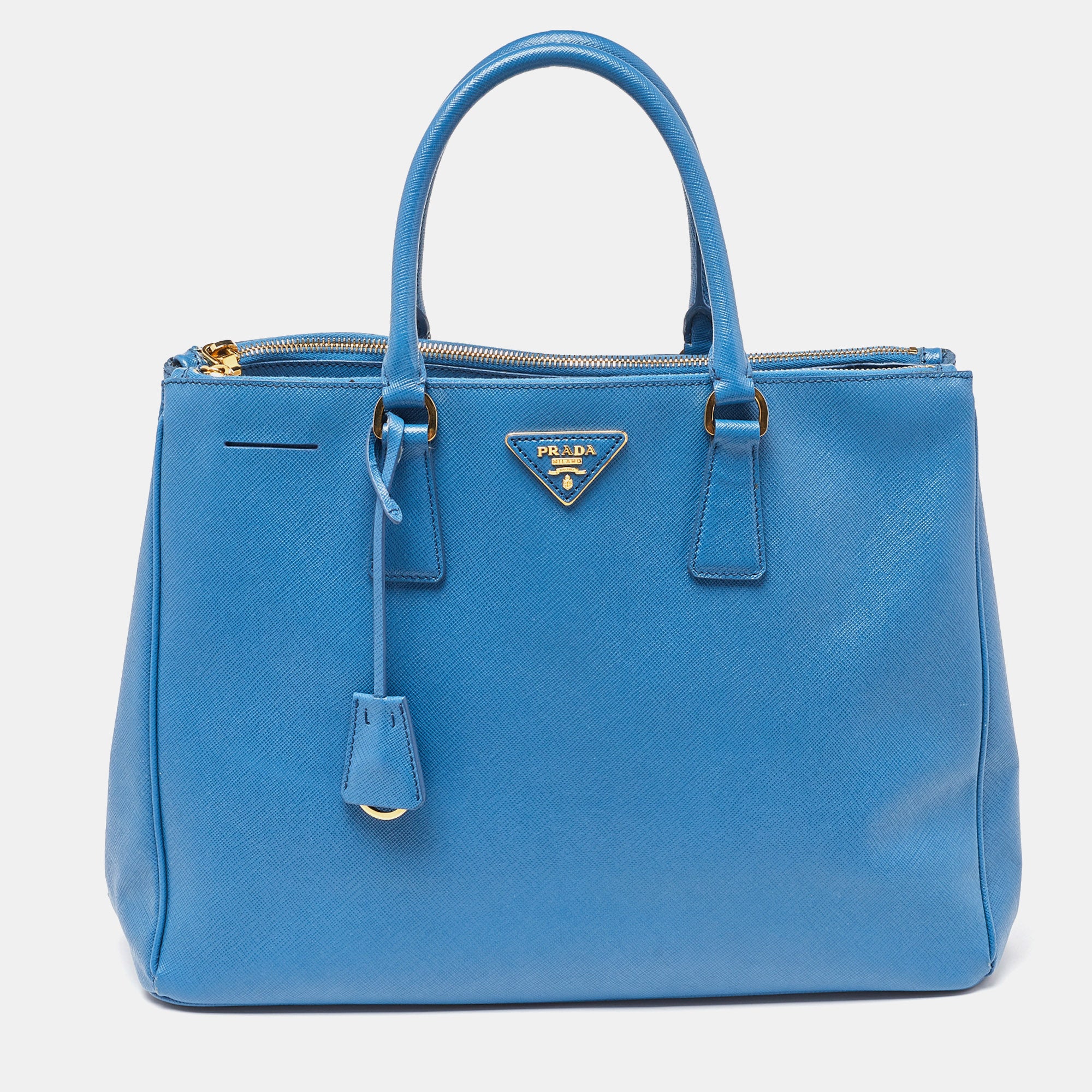 PRADA Blue Saffiano Lux Leather Large Galleria Double Zip Tote