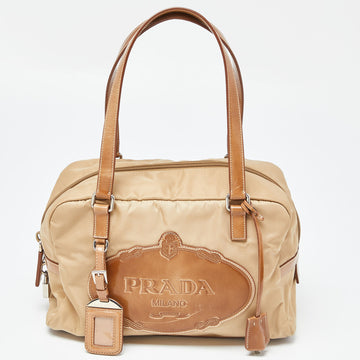 PRADA Brown Nylon and Leather Zip Satchel