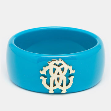 ROBERTO CAVALLI Teal Blue Logo Wide Bangle Bracelet