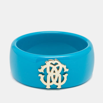 ROBERTO CAVALLI Teal Blue Logo Wide Bangle Bracelet