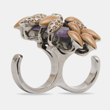 ROBERTO CAVALLI Gunmetal Tone Crystal & Stone Double Finger Ring Size EU 56