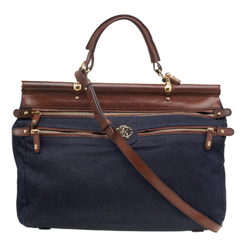 ROBERTO CAVALLI Navy-Blue  Brown Denim And Leather Top Handle Bag