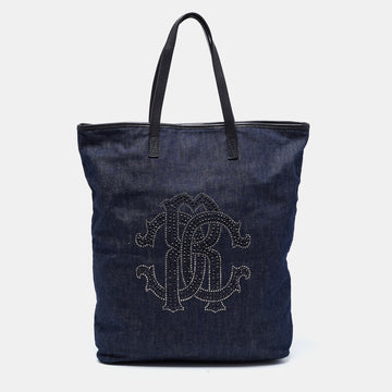 ROBERTO CAVALLI Navy Blue Denim Studded Logo Tote