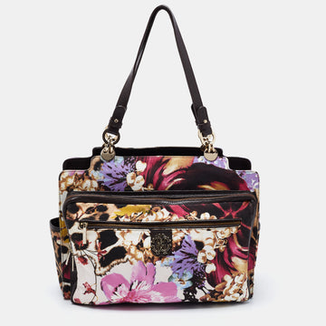 ROBERTO CAVALLI Multicolor Floral Print Fabric and Leather Tote