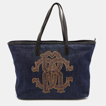 ROBERTO CAVALLI Navy Blue Denim and Leather Studded Logo Shopper Tote