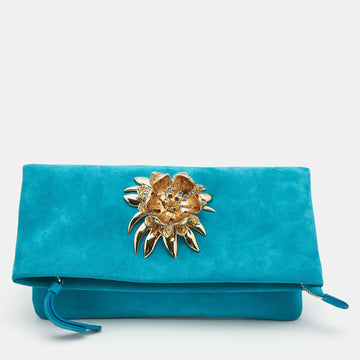 ROBERTO CAVALLI Turquoise Suede Crystal Metal Flower Embellished Foldover Clutch
