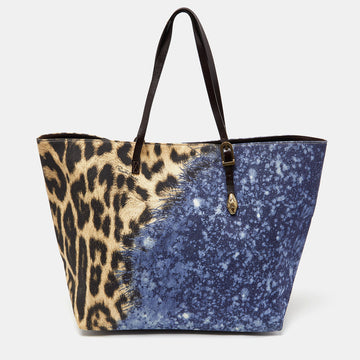 ROBERTO CAVALLI Multicolor Leopard Print Canvas and Leather Shopper Tote