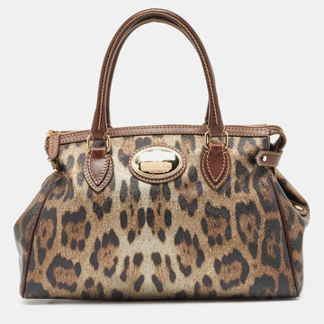 ROBERTO CAVALLI Metallic/Brown Leopard Print Coated Canvas and Leather Zip Tote