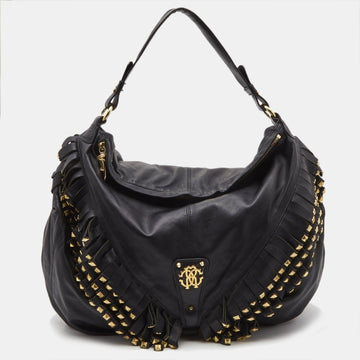 ROBERTO CAVALLI Black/Gold Leather Studded Fringe Hobo