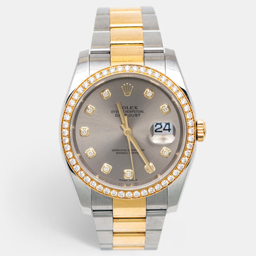 Rolex Grey Diamond 18k Yellow Gold Stainless Steel Datejust 116243 Women's Wristwatch 36 mm