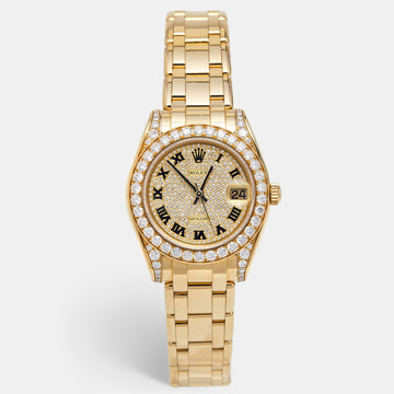 ROLEX Diamond Pave 18K Yellow Gold Pearlmaster Datejust 81158 Women's Wristwatch 34 mm