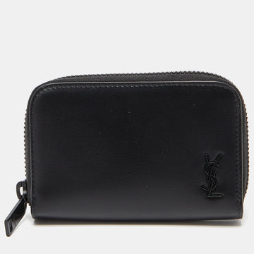 Saint Laurent Black Leather Cassandre Compact Zip Around Wallet