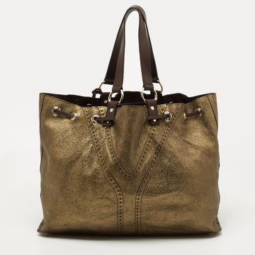 YVES SAINT LAURENT Gold/Brown Leather Reversible Double Sac Y Tote