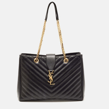 Saint Laurent Black Matelasse Leather Cassandre Shopper Tote