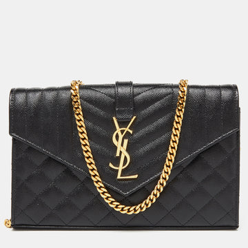 Saint Laurent Black Mix Matelasse Leather Monogram Envelope Wallet on Chain