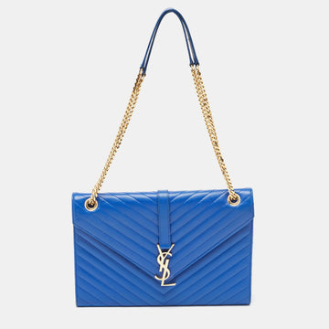 Saint Laurent Blue Matelasse Leather Large Monogram Envelope Shoulder Bag