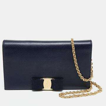 Salvatore Ferragamo Navy Blue Leather Miss Vara Wallet on chain