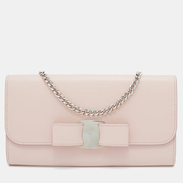 Salvatore Ferragamo Light Pink Leather Vara Bow Wallet on Chain