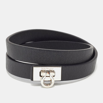 SALVATORE FERRAGAMO Leather Silver Tone Wrap Bracelet