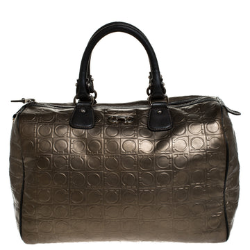 Salvatore Ferragamo Metallic Brown Gancini Embossed Leather Boston Bag