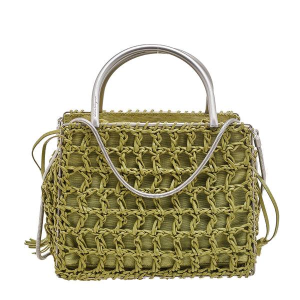 Salvatore Ferragamo Green Woven Leather And Fabric Metal Handle Tote