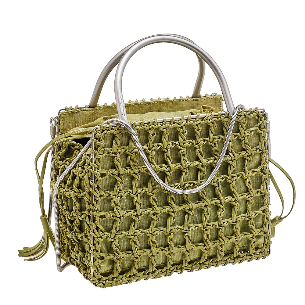 Salvatore Ferragamo Green Woven Leather And Fabric Metal Handle Tote