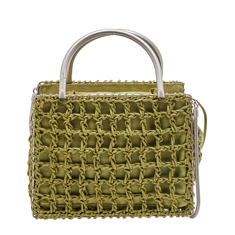 Salvatore Ferragamo Green Woven Leather And Fabric Metal Handle Tote