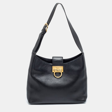 Salvatore Ferragamo Black Leather Trifolio Shoulder Bag