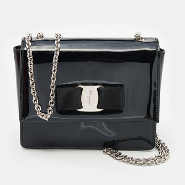 Salvatore Ferragamo Black Patent Leather Vara Bow Chain Shoulder Bag