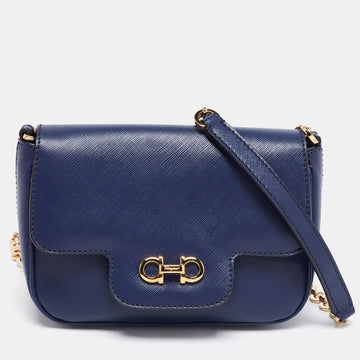 Salvatore Ferragamo Navy Blue Saffiano Leather Gancini Icona Vit Paris Crossbody Bag