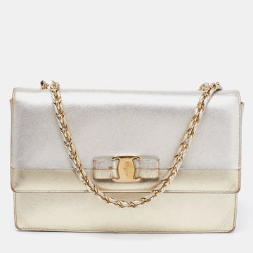 Salvatore Ferragamo Metallic Silver/Gold Leather Vara Bow Shoulder Bag