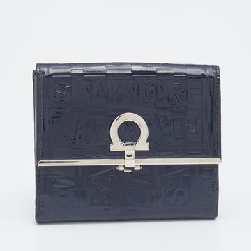 Salvatore Ferragamo Navy Blue Logo Embossed Patent Leather Gancini French Wallet