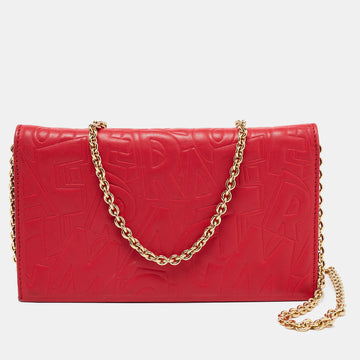 Salvatore Ferragamo Red Embossed Leather Wallet on Chain