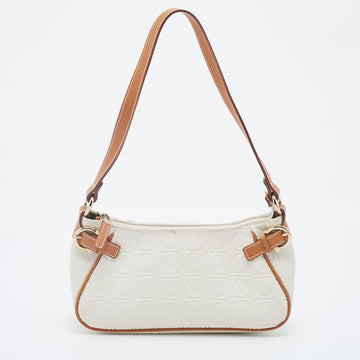 Salvatore Ferragamo Off White/Brown Gancini Embossed Leather Shoulder Bag