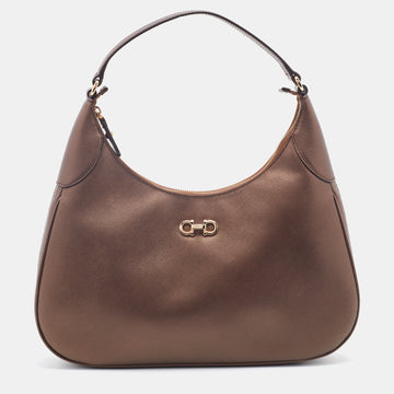 Salvatore Ferragamo Metallic Brown Leather Gancini Romana Hobo