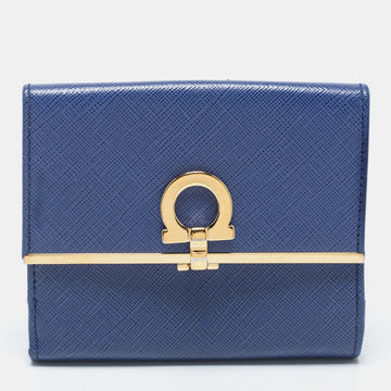 Salvatore Ferragamo Blue Leather Gancini Clip Compact Wallet