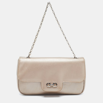 Salvatore Ferragamo Metallic Beige Leather Gancini Flap Bag