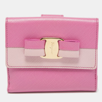 SALVATORE FERRAGAMO Two Tone Pink Leather Vara Bow French Wallet
