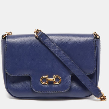 SALVATORE FERRAGAMO Navy Blue Leather Gancini Flap Crossbody Bag