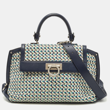 SALVATORE FERRAGAMO Navy Blue Woven Leather Medium Sofia Top Handle Bag