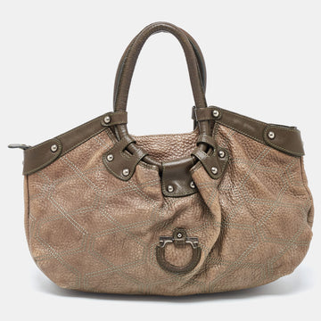 SALVATORE FERRAGAMO Olive Green Quilted Leather Gancini Hobo