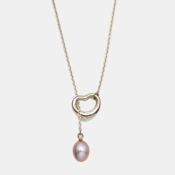Tiffany & Co. Elsa Peretti Sterling Silver Open Heart Lariat Pearl Necklace