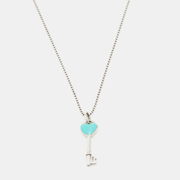 Tiffany & Co. Sterling Silver Blue Enamel Heart Key Pendant Necklace