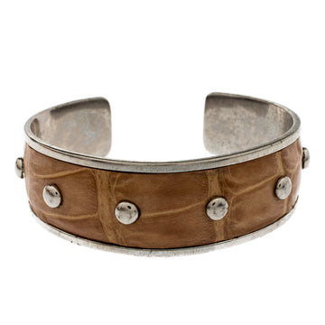 TOD'S Tan Embossed Leather Studded Silver Tone Narrow Cuff Bracelet